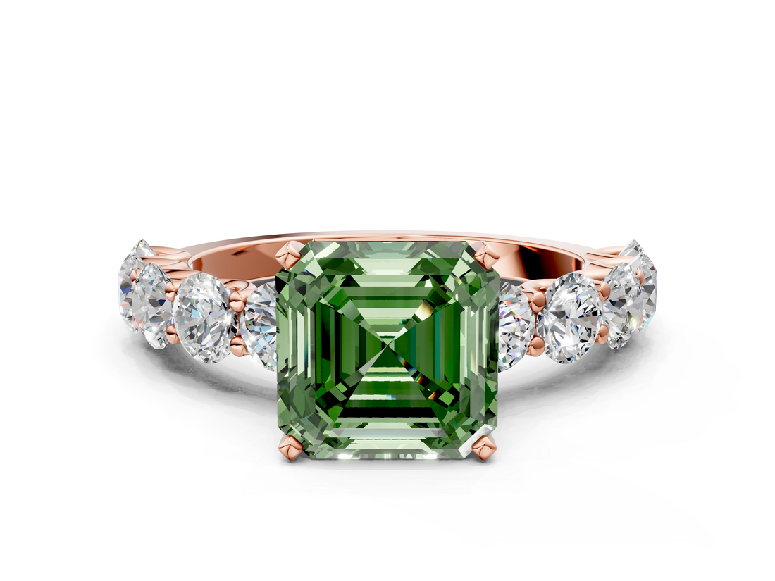 Rose gold Fancy Green Asscher  Diamond Prong Setting with Side Stones on a Pave Band