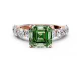 Rose gold Fancy Green Asscher  Diamond Prong Setting with Side Stones on a Pave Band