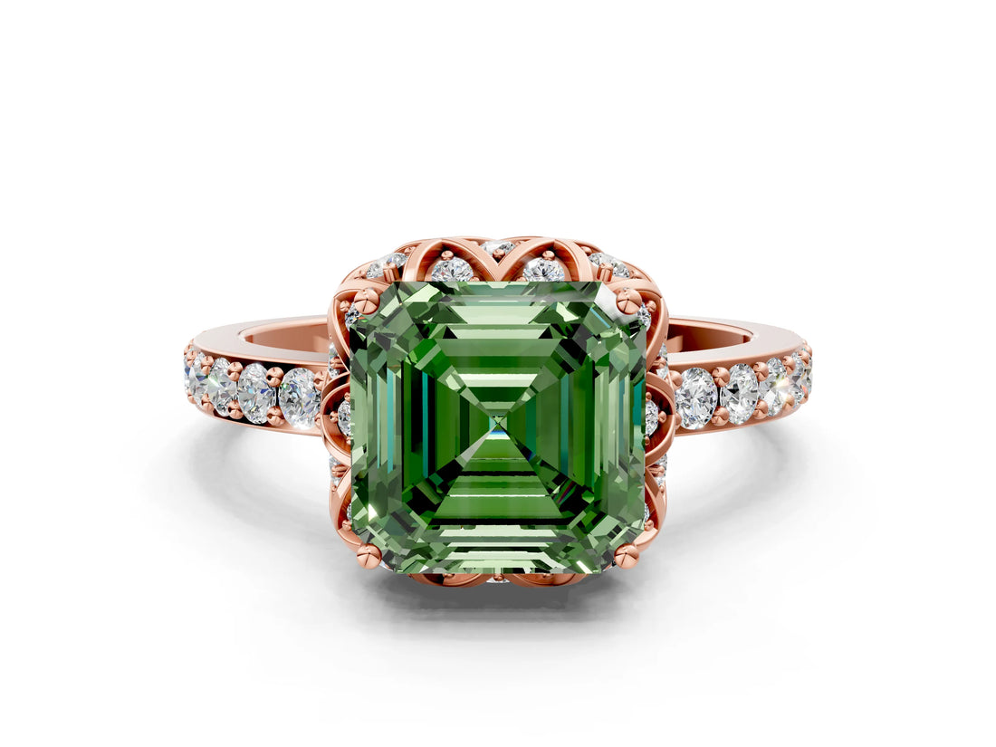 Rose gold Fancy Green Asscher  Diamond Solitaire Ring with Shared Prong Pavé Band_16