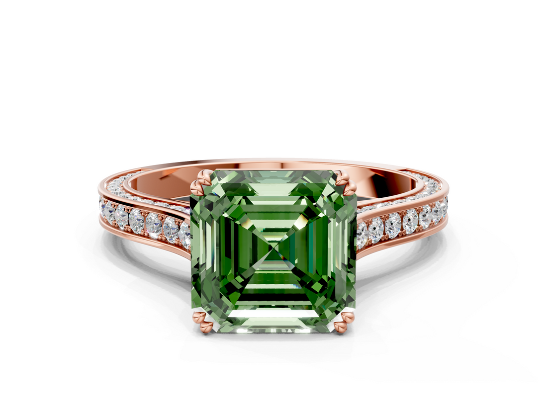 Rose gold Fancy Green Asscher  Diamond Solitaire with Pave Band and Six-Prong Setting