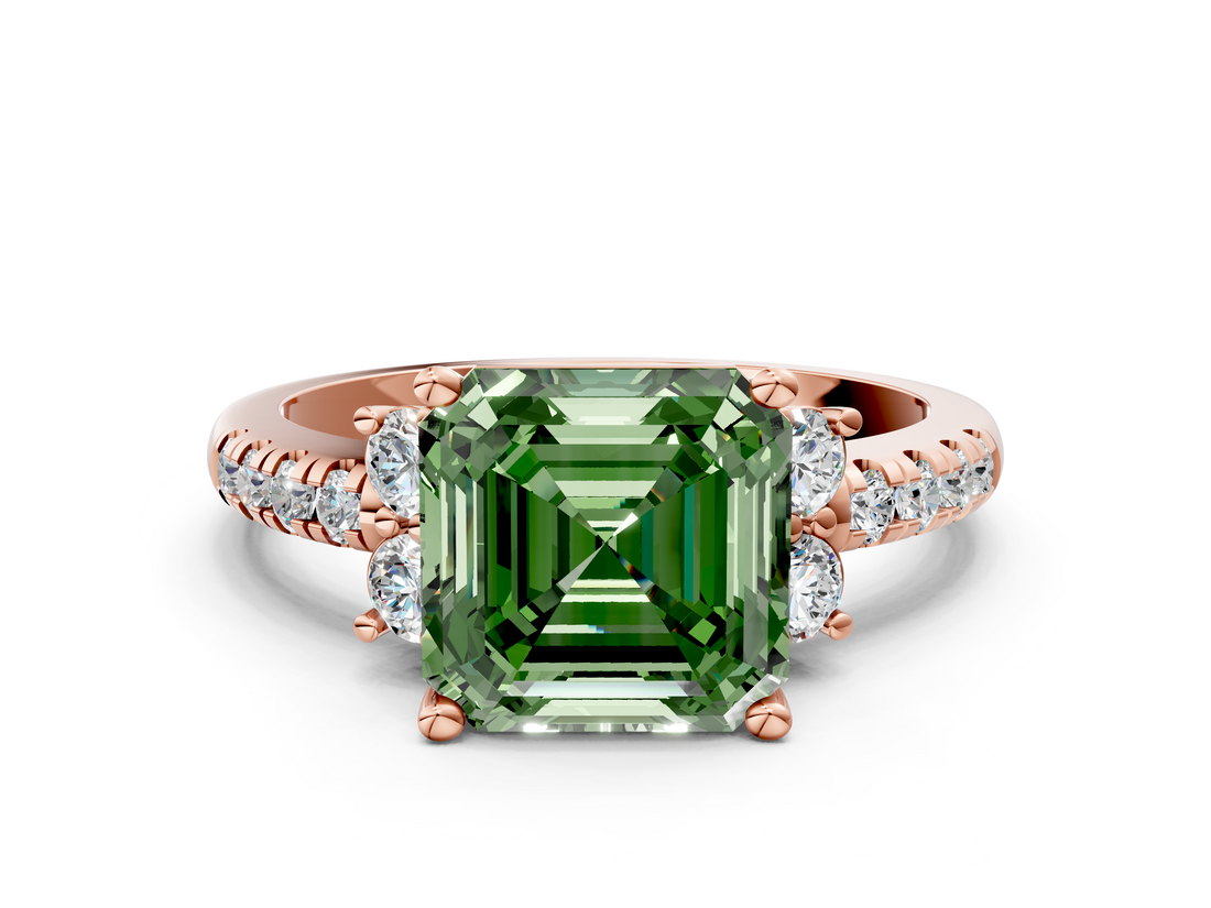 Rose gold Fancy Green Asscher  Diamond Three-Stone Pave Band with Four-Prong Setting_17