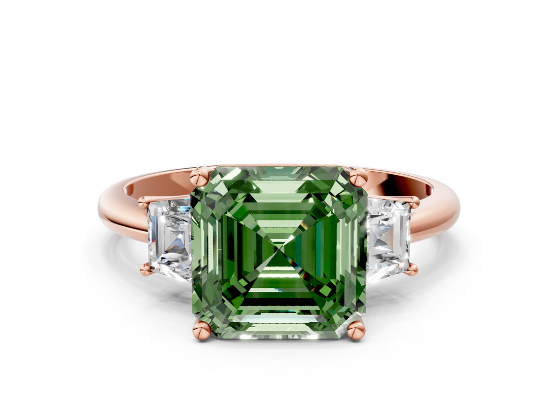 Rose gold Fancy Green Asscher  Diamond Three-Stone Ring with Trapezoid Side Stones and Prong Setting
