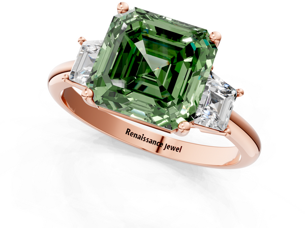Rose Gold Asscher Cut Three Stone Engagement Ring Setting for Fancy Green Center with Trapezoid Side Stones