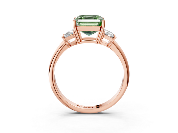 Rose Gold Asscher Cut Three Stone Engagement Ring Setting for Fancy Green Center with Trapezoid Side Stones