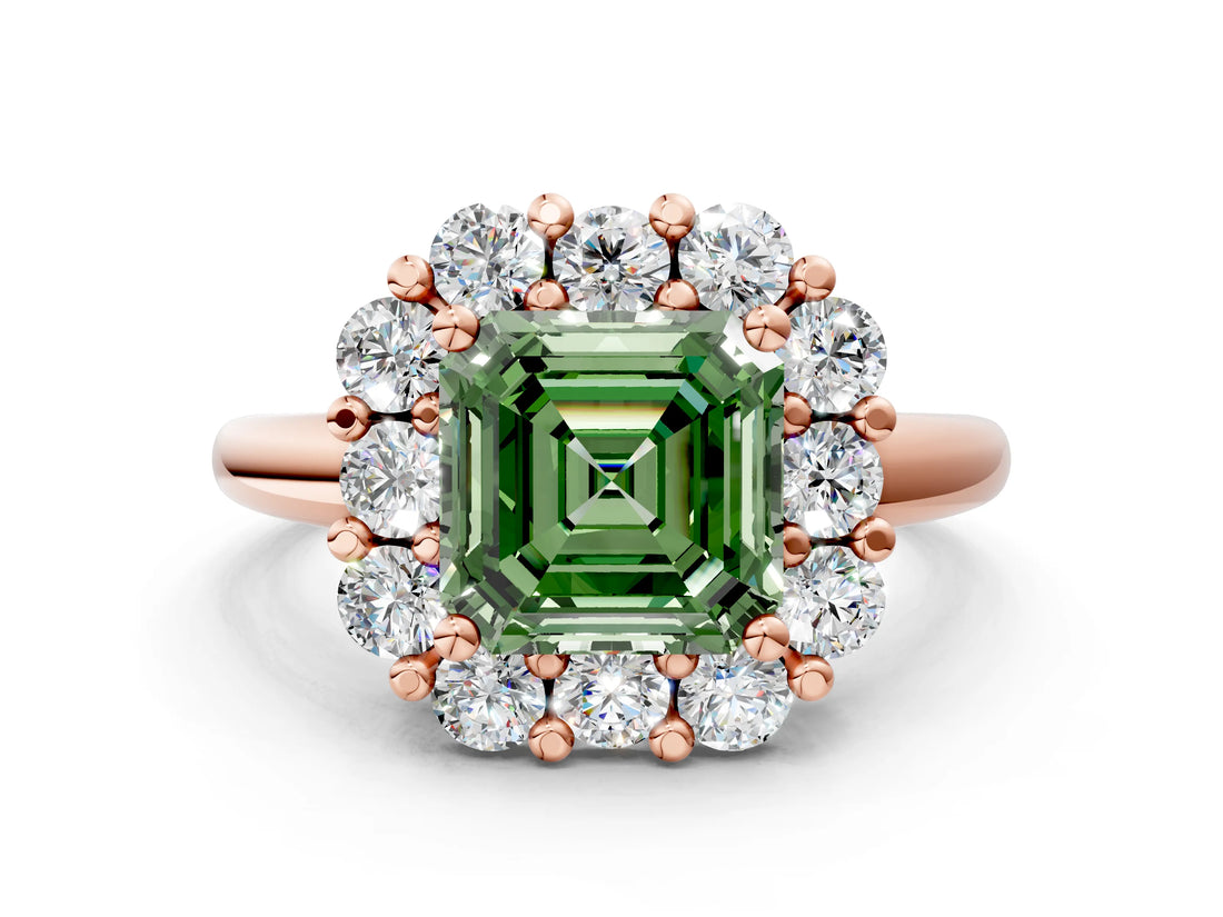 Rose gold Fancy Green Asscher  Halo Cluster Diamond Engagement Ring with Prong Setting and Polished Band_20
