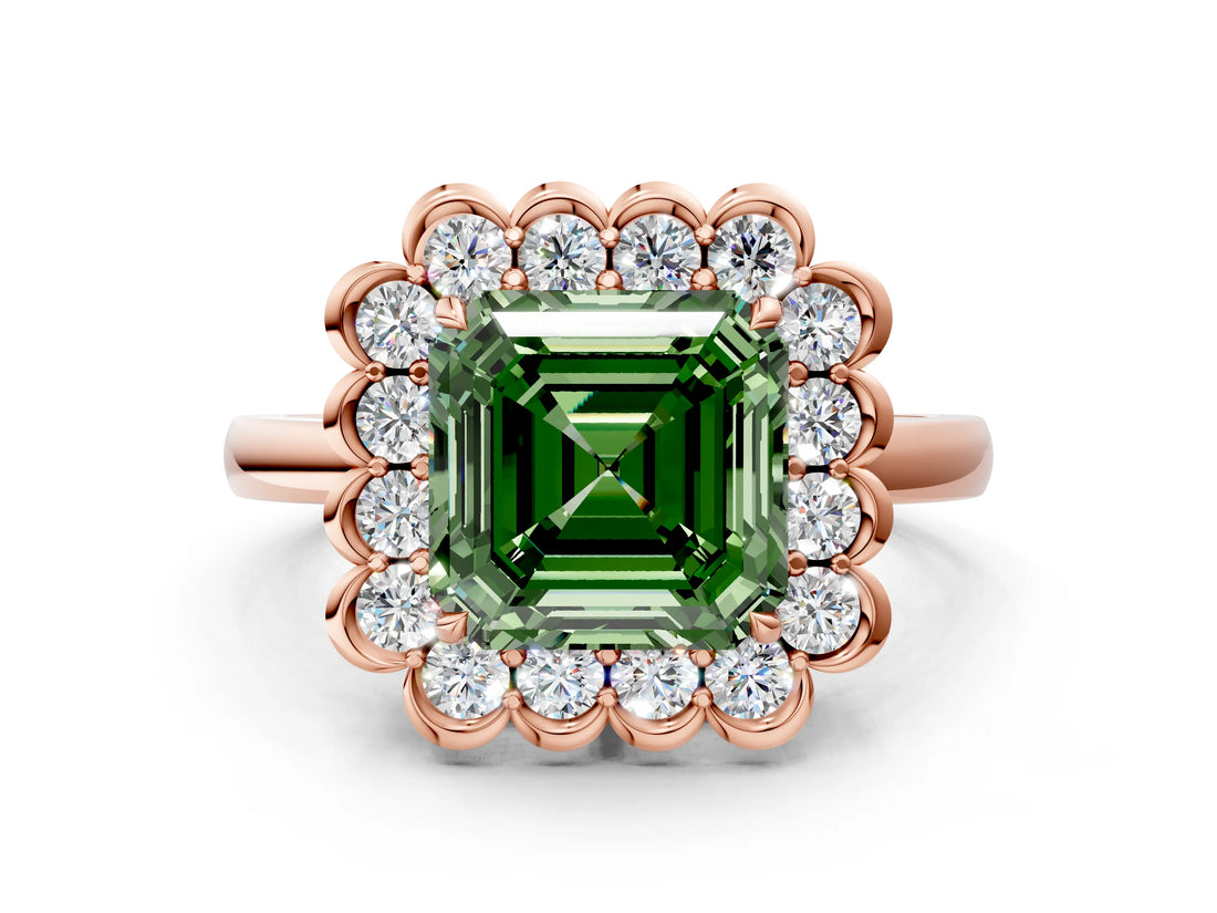 Rose gold Fancy Green Asscher  Halo Cluster Diamond Engagement Ring with Solitaire Band and Prong Setting_29