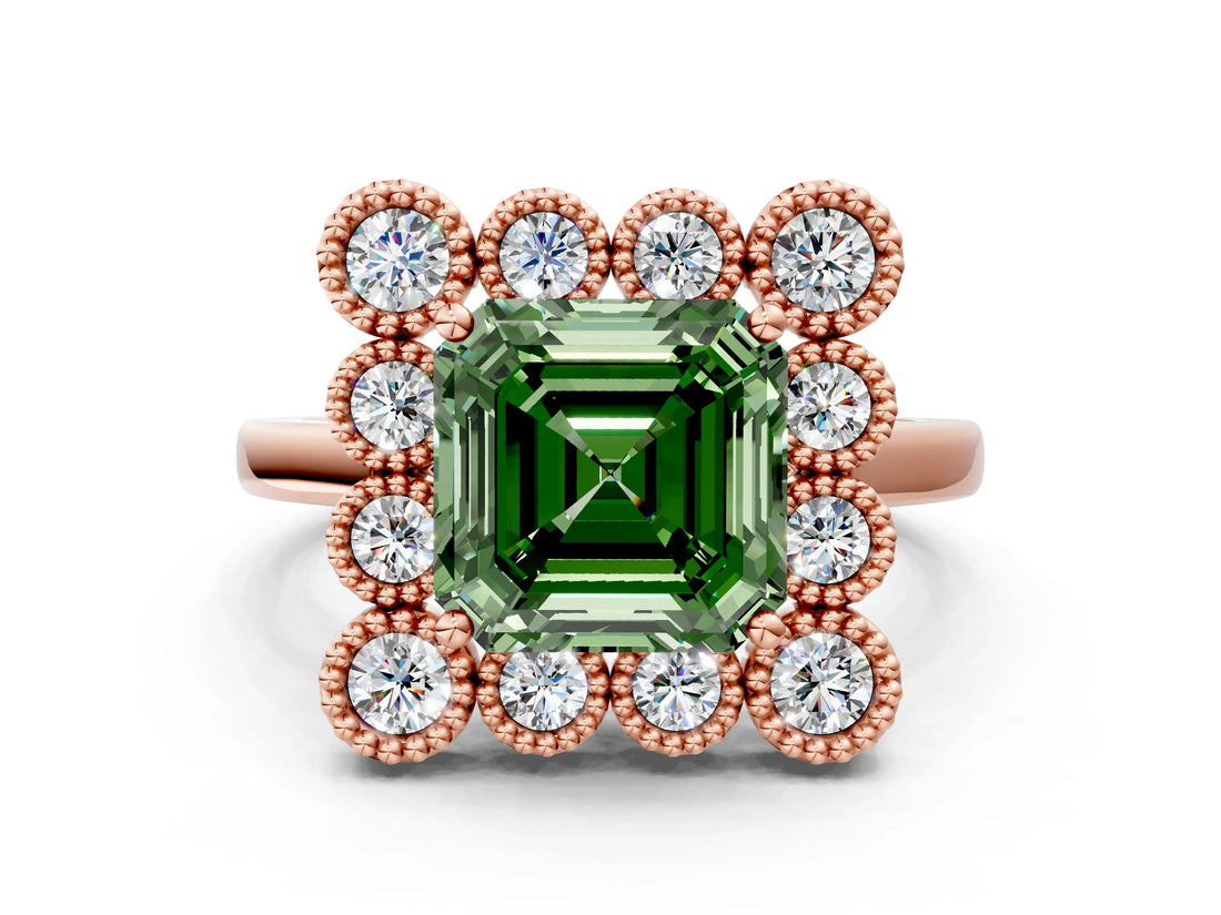 Rose gold Fancy Green Asscher  Halo Diamond Cluster Engagement Ring with Milgrain Bezel Setting and Solitaire Band_39