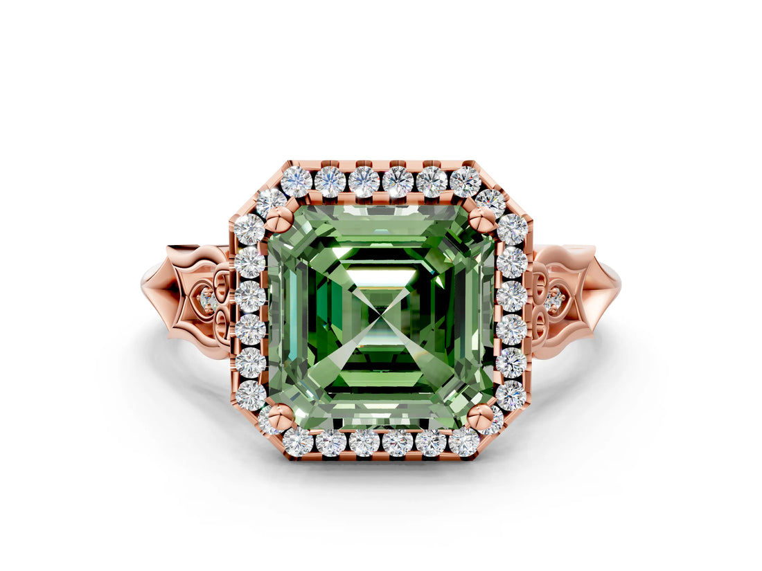 Rose gold Fancy Green Asscher  Halo Diamond Engagement Ring with Filigree Band and Four-Prong Setting_69