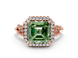 Rose gold Fancy Green Asscher  Halo Diamond Engagement Ring with Filigree Band and Four-Prong Setting_69