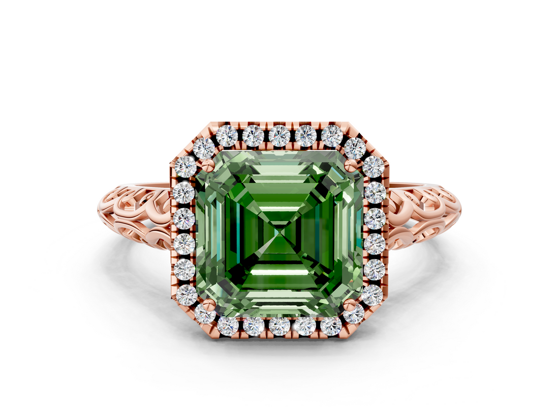 Rose gold Fancy Green Asscher  Halo Diamond Engagement Ring with Intricate Filigree Band and Four-Prong Setting