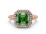 Rose gold Fancy Green Asscher  Halo Diamond Engagement Ring with Intricate Filigree Band and Four-Prong Setting