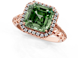Rose gold Fancy Green Asscher  Halo Diamond Engagement Ring with Intricate Filigree Band and Four-Prong Setting_1