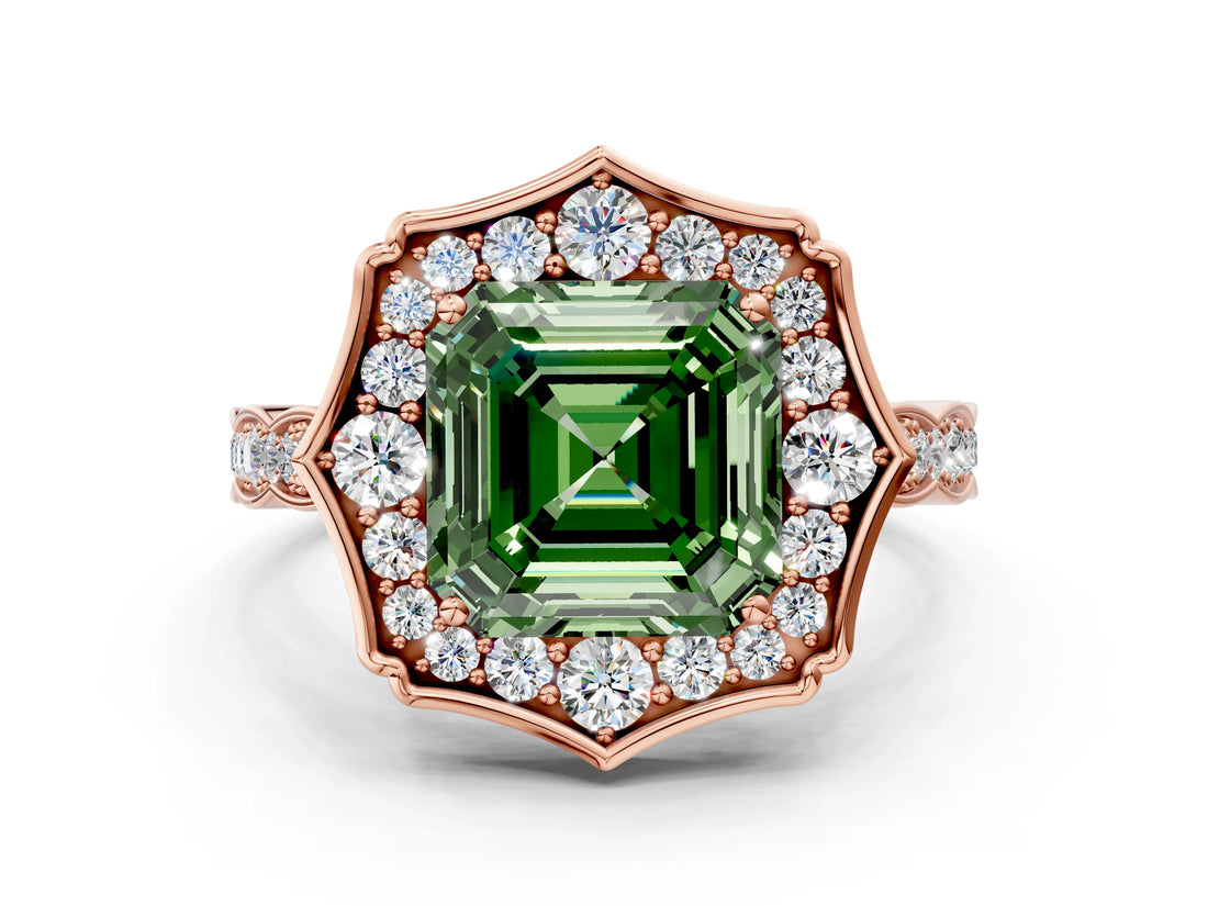 Rose gold Fancy Green Asscher  Halo Diamond Engagement Ring with Milgrain Band and Four-Prong Setting_28