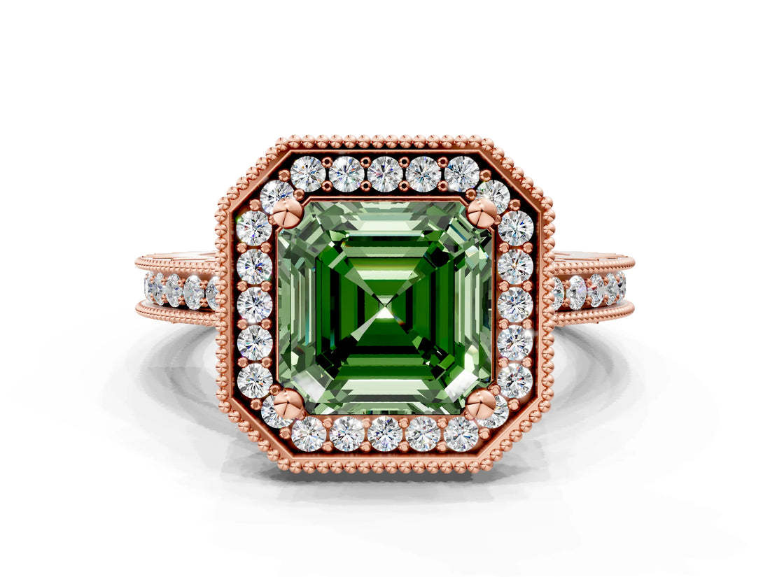 Rose gold Fancy Green Asscher  Halo Diamond Engagement Ring with Milgrain Pave Band and Four-Prong Setting_99