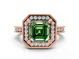 Rose gold Fancy Green Asscher  Halo Diamond Engagement Ring with Milgrain Pave Band and Four-Prong Setting_99