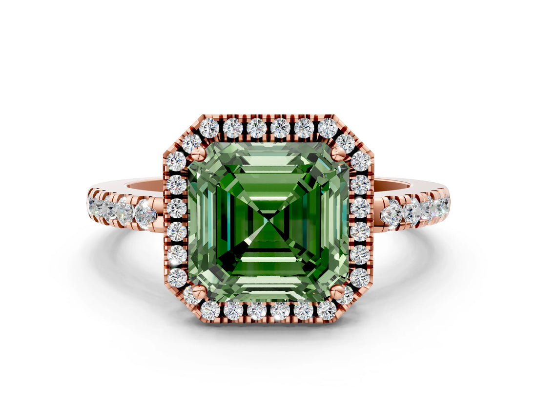 Rose gold Fancy Green Asscher  Halo Diamond Engagement Ring with Pavé Band and Four-Prong Setting_21