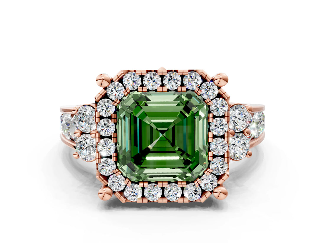 Rose gold Fancy Green Asscher  Halo Diamond Engagement Ring with Split Shank and Four-Prong Setting_22