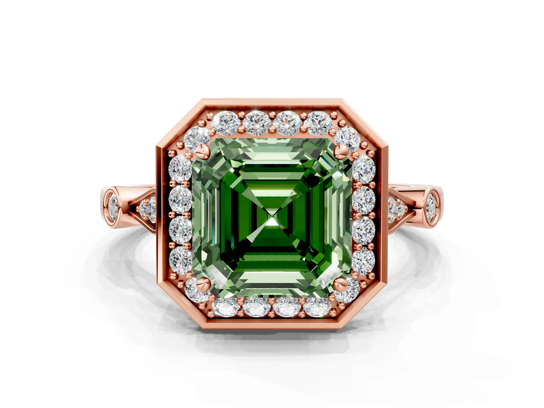 Rose gold Fancy Green Asscher  Halo Diamond Engagement Ring with Twisted Band and Four-Prong Setting 1
