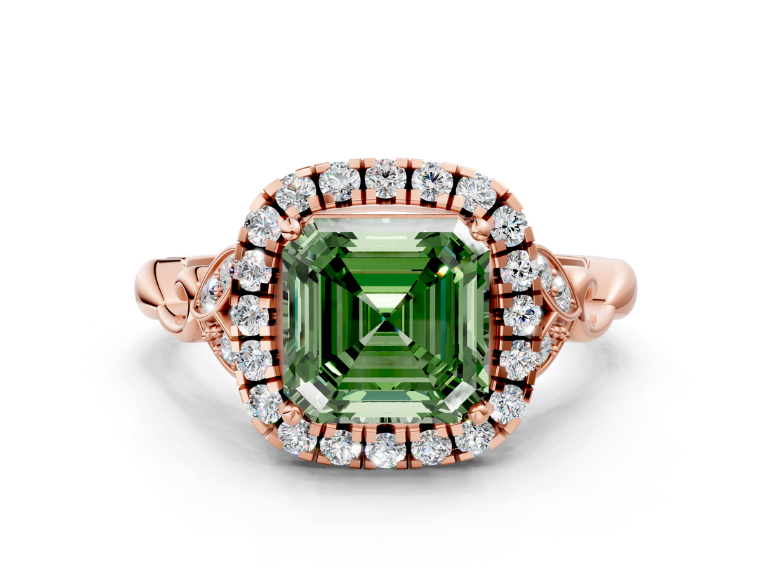 Rose gold Fancy Green Asscher  Halo Diamond Engagement Ring with Vintage-Inspired Band and Four-Prong Setting_3