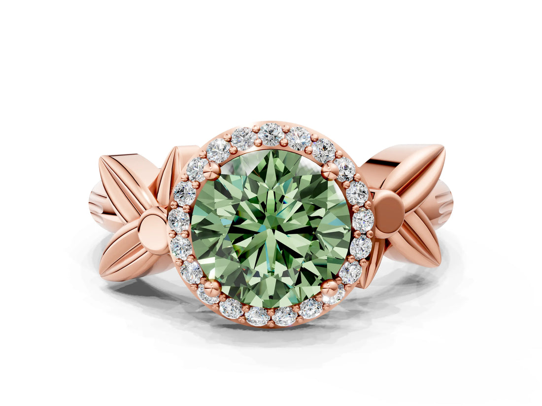 Rose gold Fancy Green Asscher  Halo Diamond Floral Band with Four-Prong Setting_35
