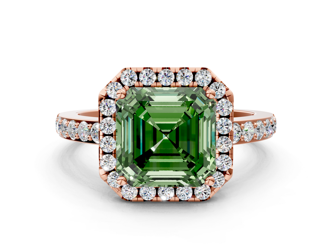 Rose gold Fancy Green Asscher  Halo Diamond Pavé Band Ring with Prong Setting