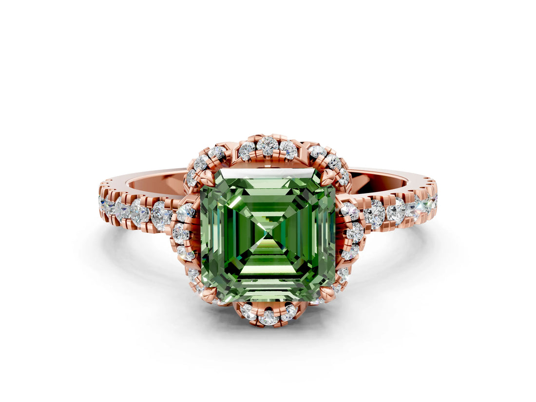 Rose gold Fancy Green Asscher  Halo Diamond Pave Band Ring with Four-Prong Setting_15