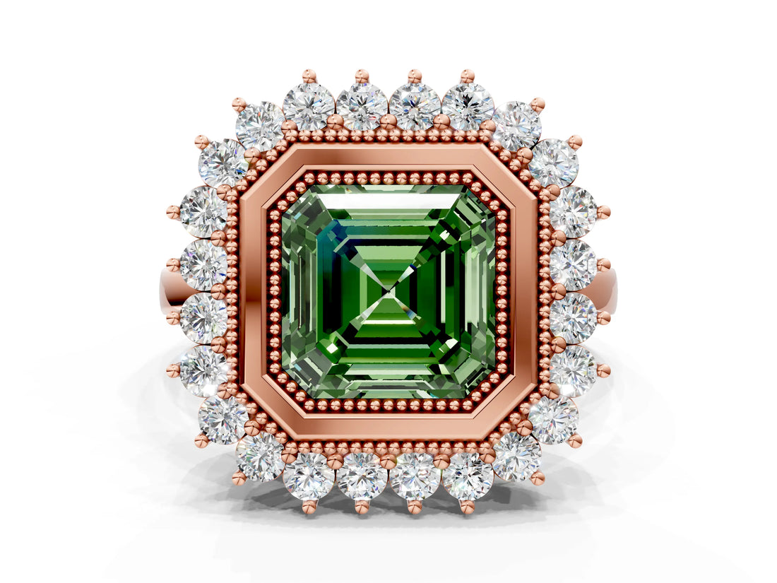 Rose gold Fancy Green Asscher  Halo Diamond Ring with Milgrain Edge and Round Prong Setting_24