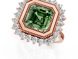 Rose gold Fancy Green Asscher  Halo Diamond Ring with Milgrain Edge and Round Prong Setting_25