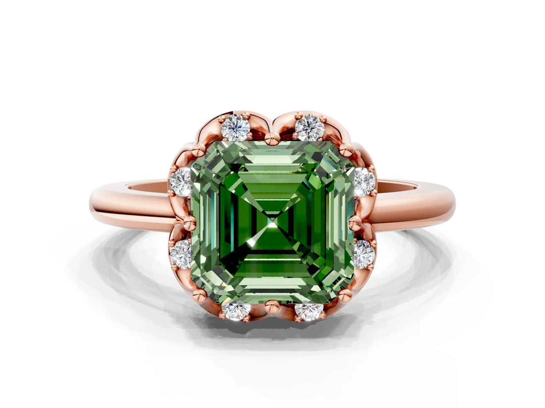Rose gold Fancy Green Asscher  Halo Diamond Ring with Round Cluster Setting, Solitaire Band, and Four-Prong Setting_29