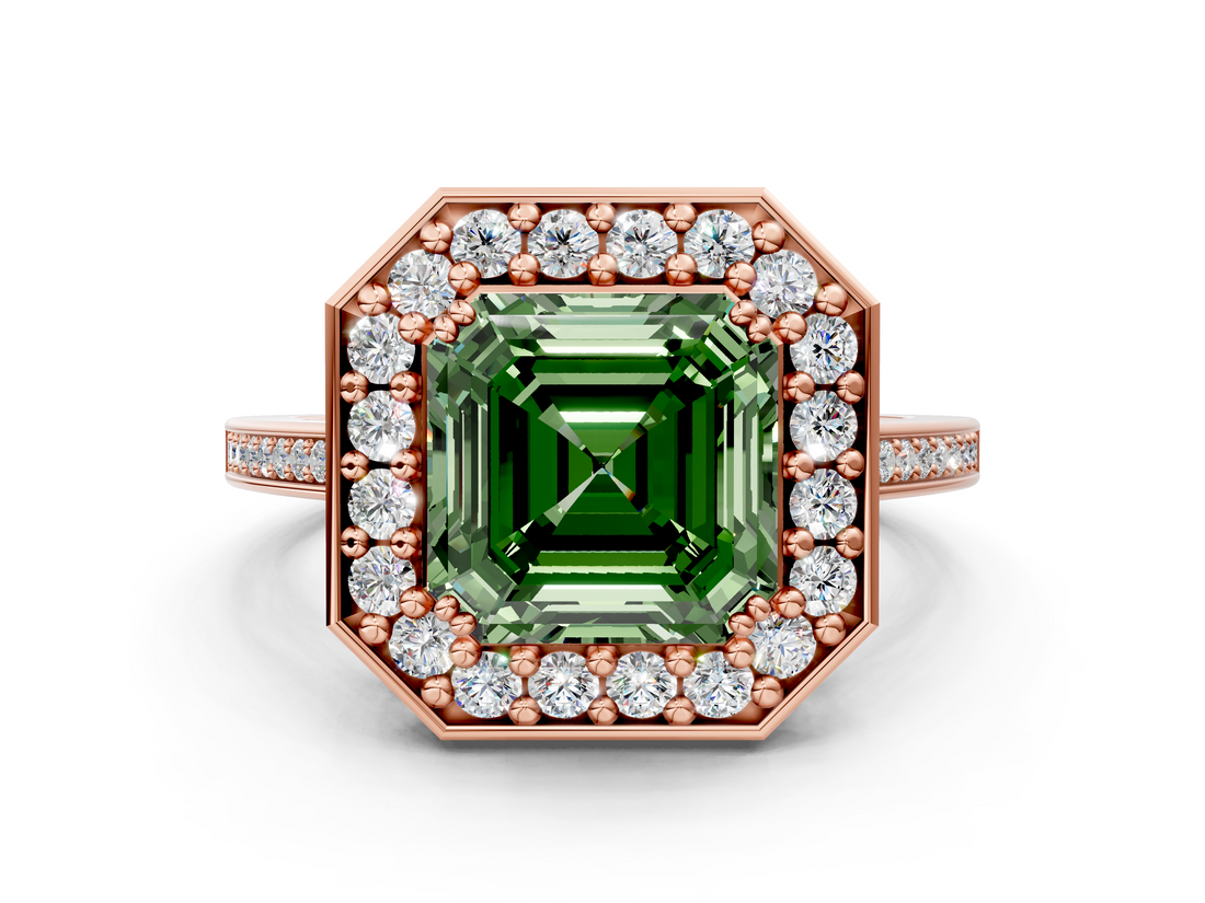 Rose gold Fancy Green Asscher  Halo Diamond Ring with Split Shank and Four-Prong Setting
