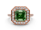 Rose gold Fancy Green Asscher  Halo Diamond Ring with Split Shank and Four-Prong Setting