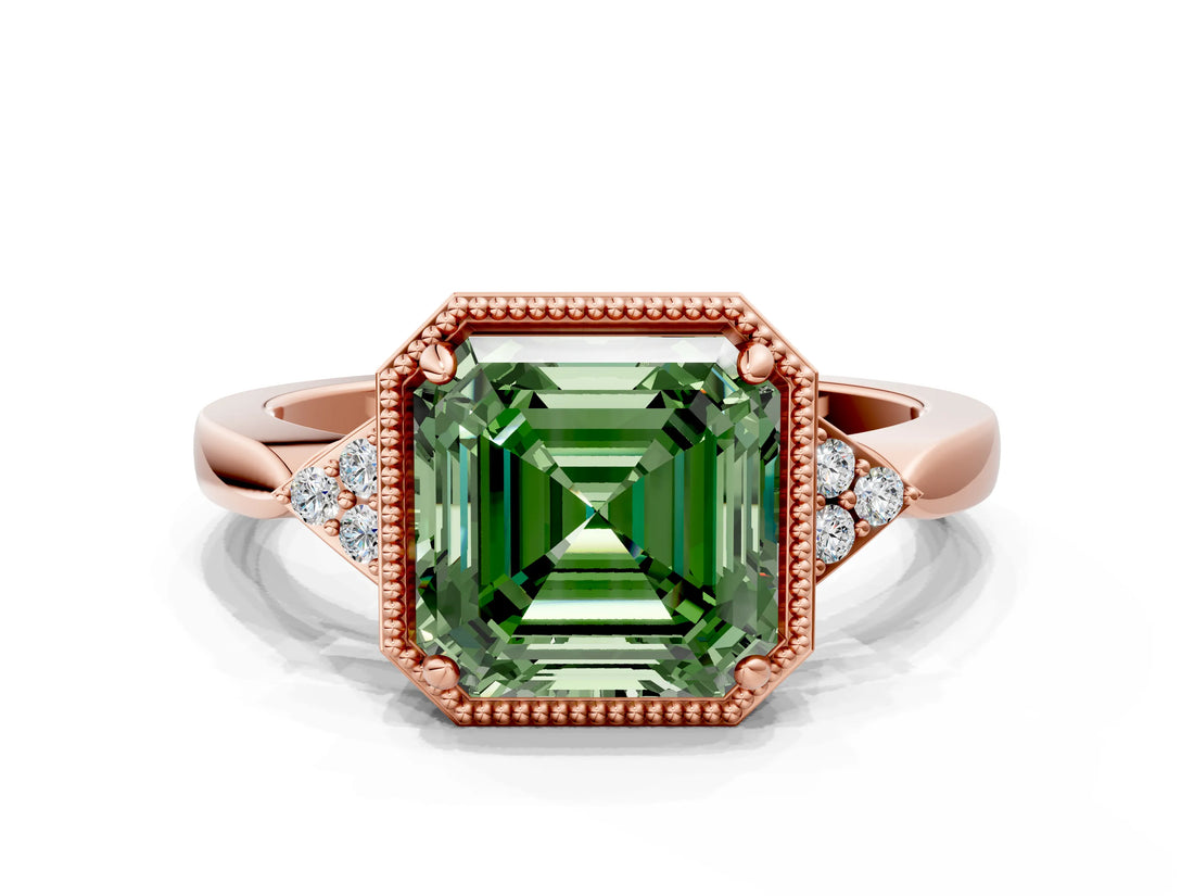 Rose gold Fancy Green Asscher  Halo Diamond Ring with Tapered Band and Four-Prong Setting_3