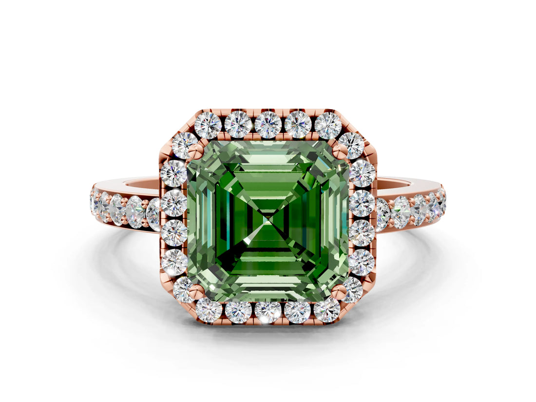 Rose gold Fancy Green Asscher  Halo Diamond Solitaire with Pavé Band and Four-Prong Setting_34
