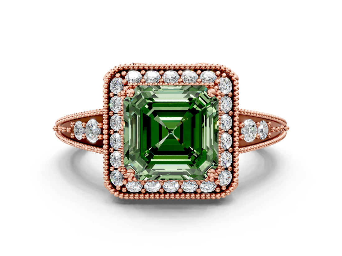 Rose gold Fancy Green Asscher  Halo Diamond Split Shank Ring with Milgrain Detail_28