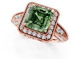 Rose gold Fancy Green Asscher  Halo Diamond Split Shank Ring with Milgrain Detail_29