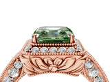Rose gold Fancy Green Asscher  Halo Diamond Split Shank Ring with Milgrain Detail_32