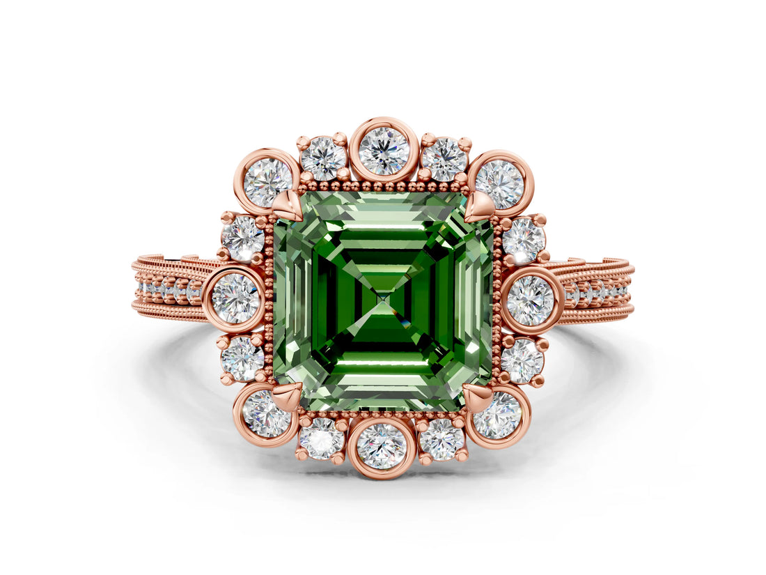 Rose gold Fancy Green Asscher  Halo Milgrain Pave Diamond Ring with Four-Prong Setting 2