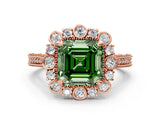 Rose gold Fancy Green Asscher  Halo Milgrain Pave Diamond Ring with Four-Prong Setting 2