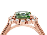 Rose gold Fancy Green Asscher  Halo Milgrain Pave Diamond Ring with Four-Prong Setting