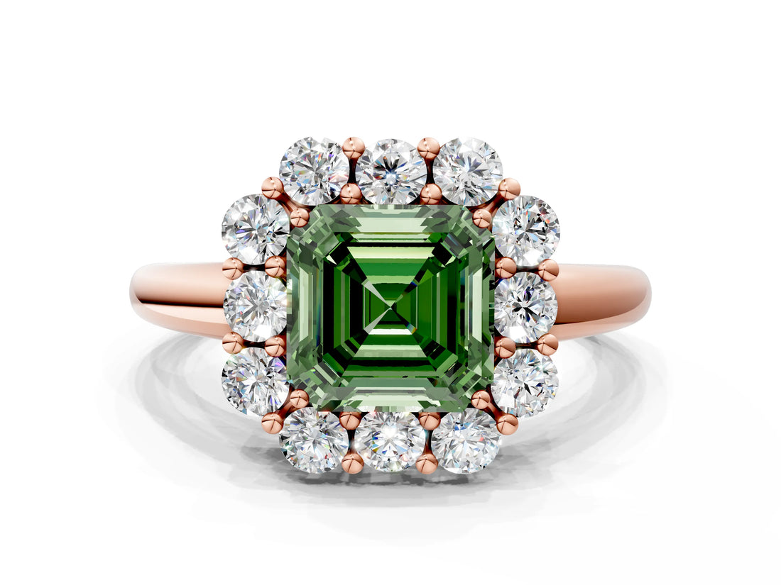 Rose gold Fancy Green Asscher  Halo Milgrain Solitaire with Bezel Set Side Stones and Pave Band_49