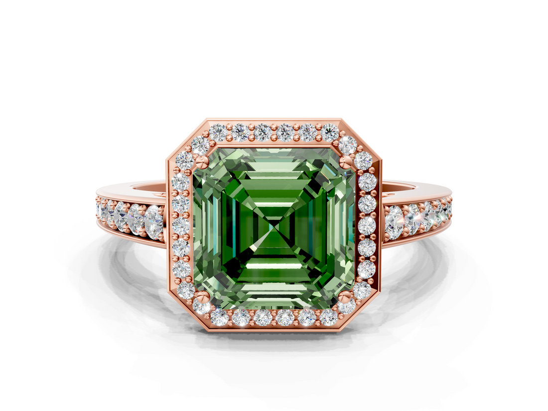 Rose gold Fancy Green Asscher  Halo Pavé Diamond Engagement Ring with Bezel Setting