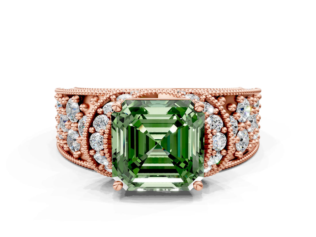 Rose gold Fancy Green Asscher  Halo Pave Diamond Engagement Ring with Milgrain Detailing_48