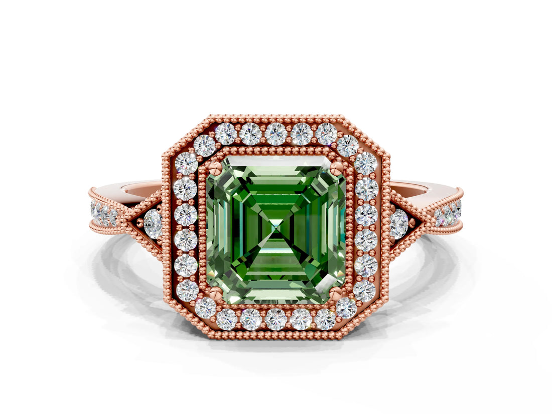 Rose gold Fancy Green Asscher  Halo Round Diamond Milgrain Pave Engagement Ring_3