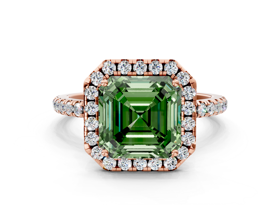 Rose gold Fancy Green Asscher  Halo Round Diamond Pavé Band Four-Prong Ring_3