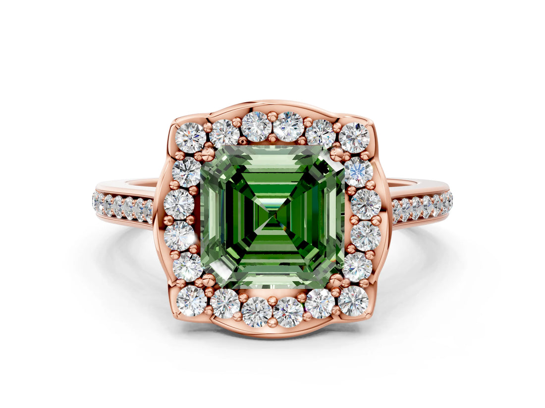 Rose gold Fancy Green Asscher  Halo Round Diamond Pave Band with Four-Prong Setting_57