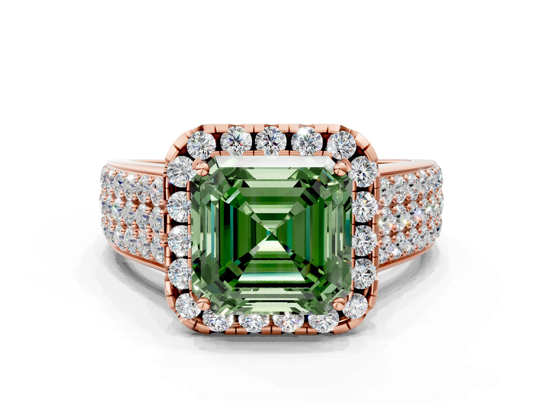 Rose gold Fancy Green Asscher  Halo Round Diamond Pave Band with Prong Setting