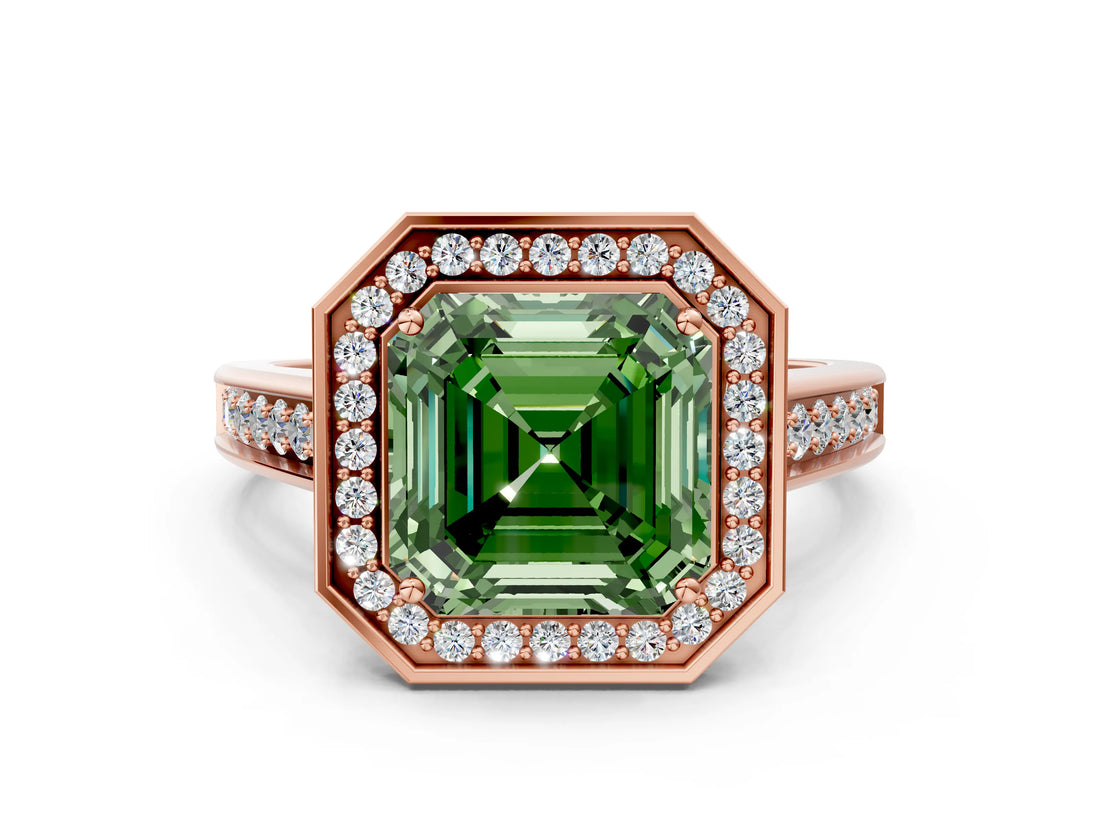 Rose gold Fancy Green Asscher  Halo Solitaire Diamond Ring with Pave Band and Bezel Setting_47
