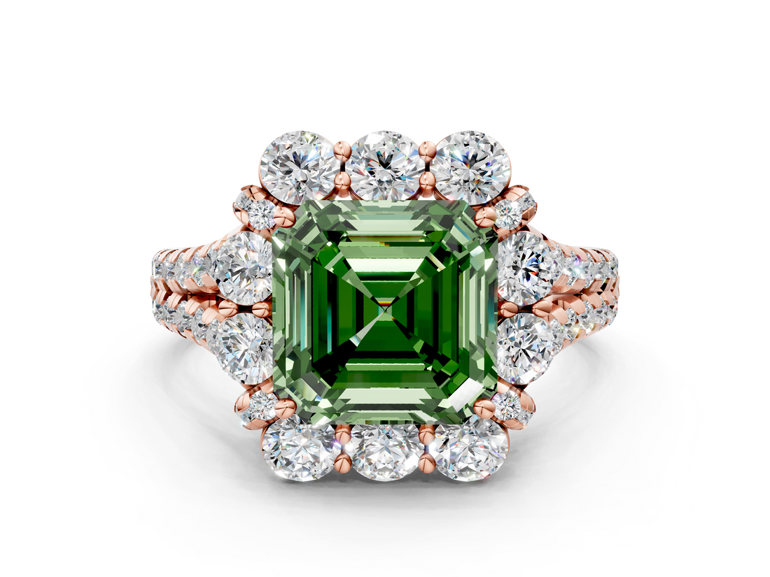 Rose gold Fancy Green Asscher  Halo Split Shank Diamond Engagement Ring with Pave Band and Four-Prong Setting_17