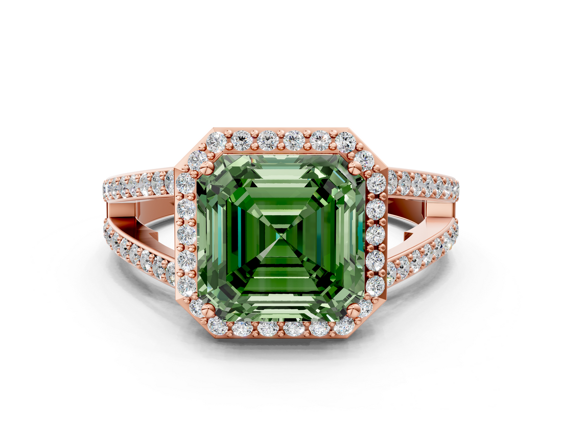Rose gold Fancy Green Asscher  Halo Split Shank Diamond Ring with Four-Prong Setting_17