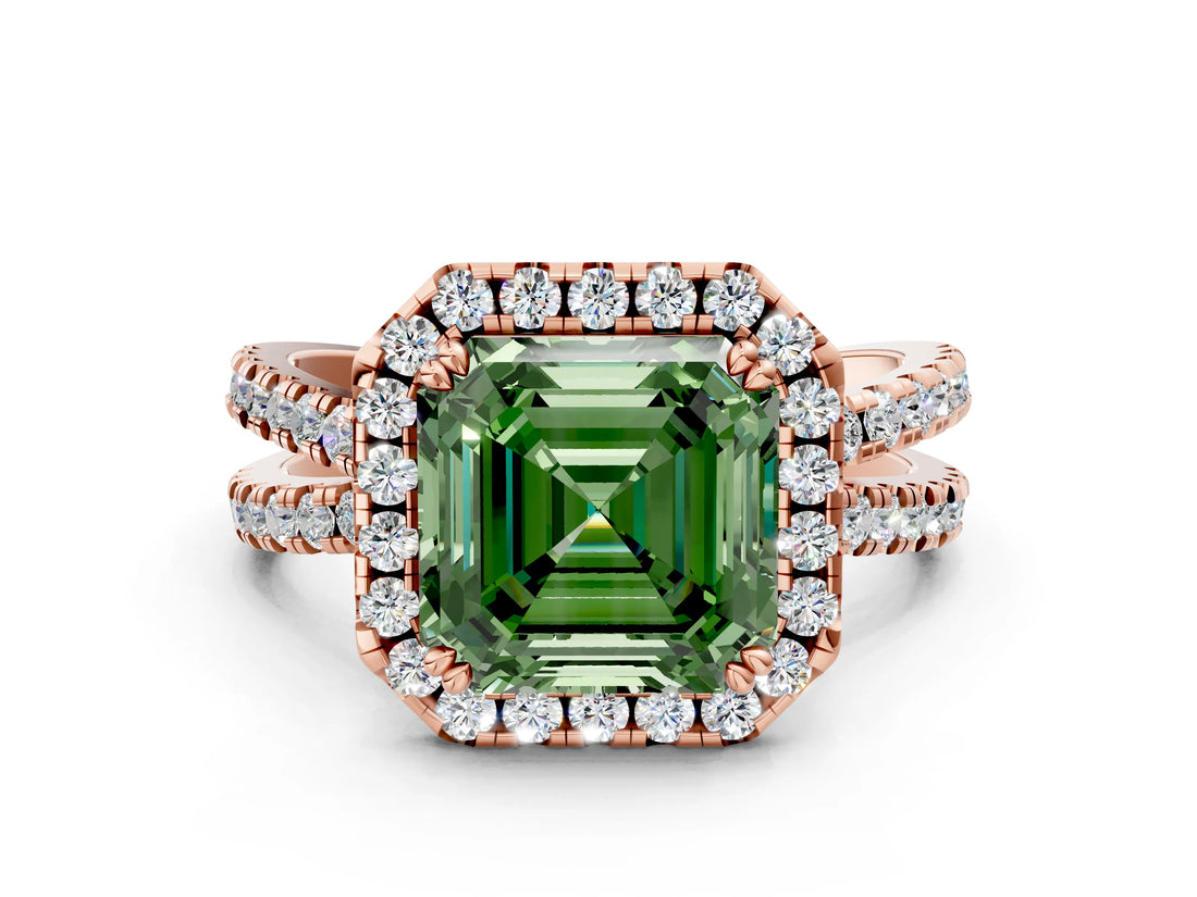 Rose gold Fancy Green Asscher  Halo Split Shank Diamond Ring with Pavé Setting_43